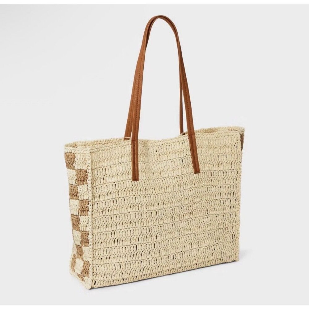 Universal Thread Straw Packable Checker Boxy Tote… - image 3